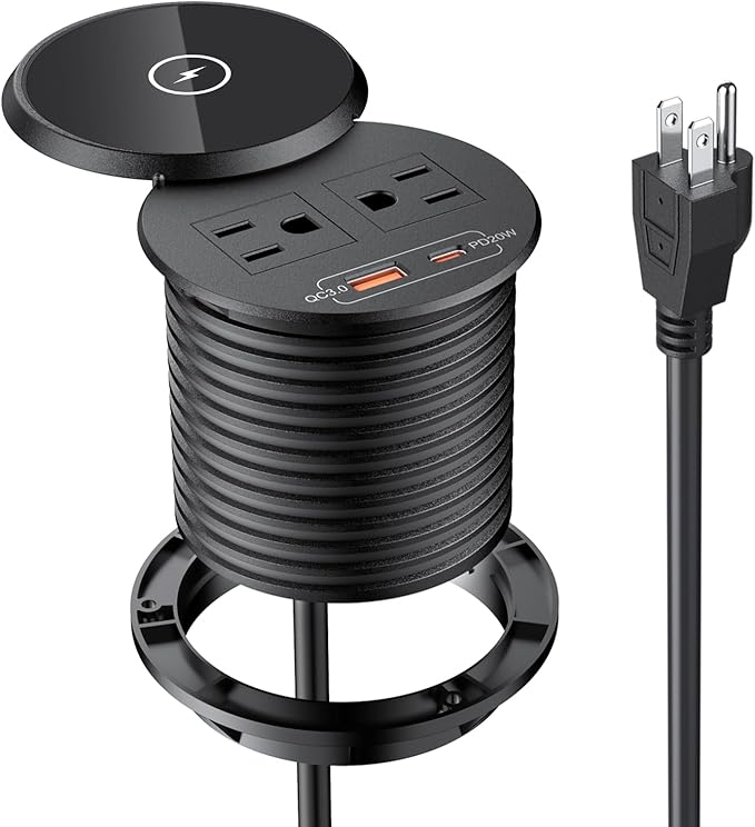 XBA PD 20W USB C Desk Power Grommet with 15W Wireless Charger Cover, Recessed Power Strip with 18W USB A and 2 AC Outlets,Hidden Power Outlets with 6FT Cords for Office, Home, Conference(Black)