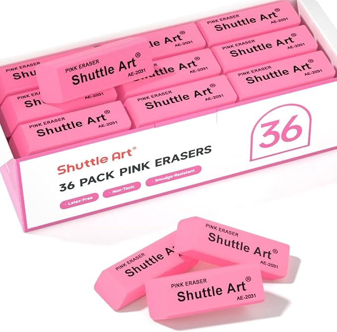 Shuttle Art Pink Erasers, 36 Pack Erasers Bulk, Latex-Free, No Smudge, Soft Eraser for Kids, Teachers, Homeschools, Art Classes and Back to School Supplies