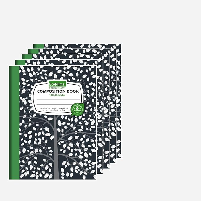ECONAMA Composition Notebooks Pack of 5 Wide Ruled 200 Pages (100 Sheets) 9.75"x7.5" Black Marble Carbon Neutral Recyclable Paper Eco-Friendly School & Office Supplies For Students and Professionals