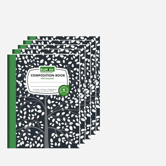 ECONAMA Composition Notebooks Pack of 5 Wide Ruled 200 Pages (100 Sheets) 9.75"x7.5" Black Marble Carbon Neutral Recyclable Paper Eco-Friendly School & Office Supplies For Students and Professionals
