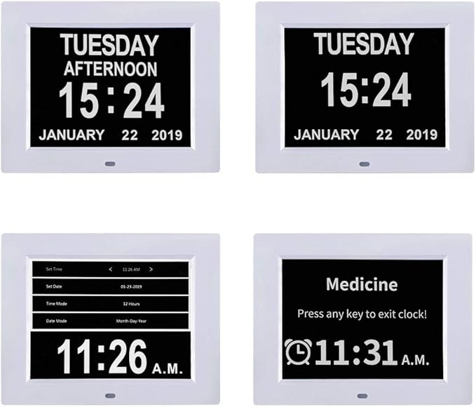 TMC 8 Inch Dementia Clock for Seniors - Medication Reminders, 12 Custom Alarms, Auto-Dimming Large Display Digital Calendar with Multi-Language Support USB Photo & Video Playback, Wall or Desk Mount