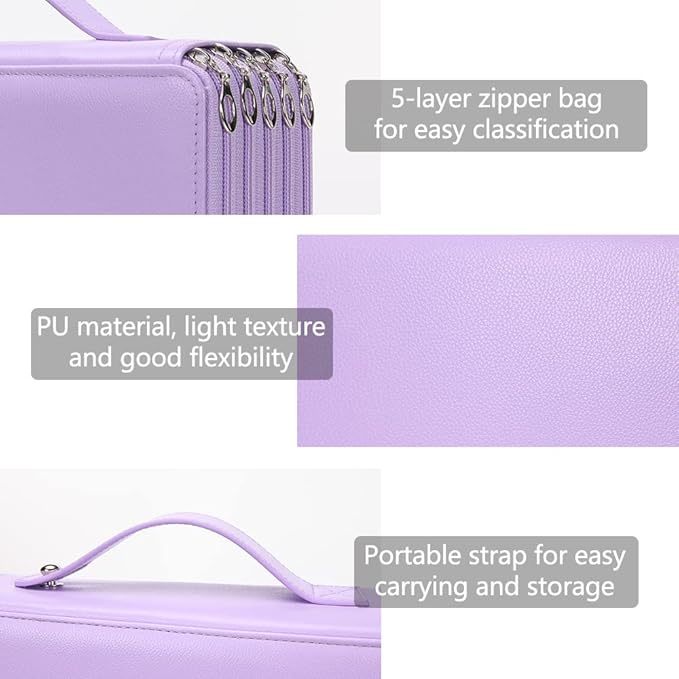Vomgomfom Colored Pencil Case - 252 Slot Pencil Holder with Zipper Closure Deluxe PU Leather Large Capacity Case for Watercolor Pens or Markers, Artist Organizer (Purple)