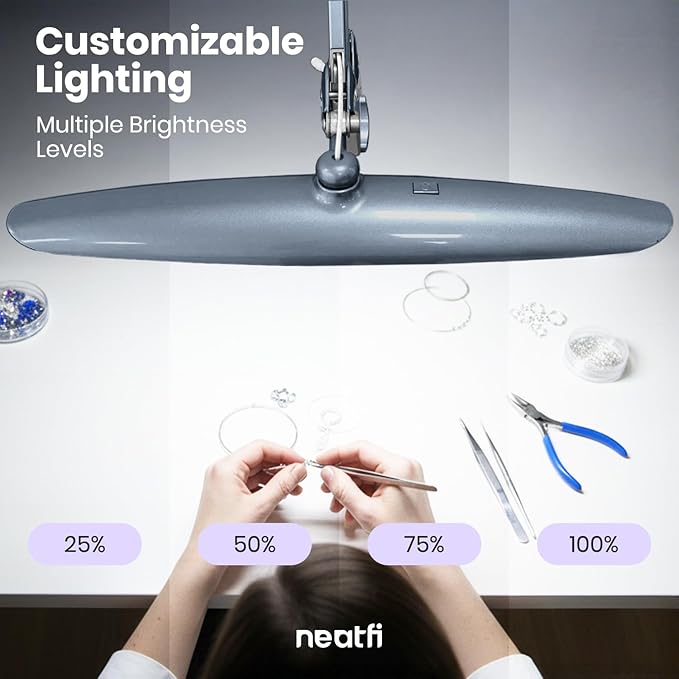 Neatfi XL 2,200 Lumens LED Desk Lamp with Clamp, 24 Watt Bright Architect Task Lamp, 20 Inches Dimmable Computer Light, Adjustable Desk Light for Home, Office, Crafts, Nails & Hobbies (Non-CCT, Gray)