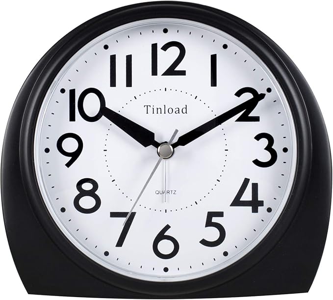 Tinload 5.5" Large Analog Alarm Clock Silent Non Ticking, Gentle Wake, Beep Sounds, Increasing Volume, Battery Operated Snooze and Manual Light, Easy Set, Black (Best for Elder)
