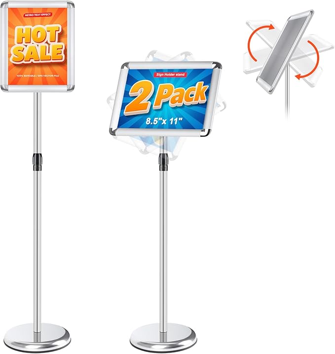RedChili 2 Pack Sign Holder Stand 8.5x11 Inch, Adjustable Floor Standing Sign Holder Signage Stand with Aluminum Snap-Open Frame Vertical Horizontal View Display For Malls Schools Restaurants (Silver, Round Corner)