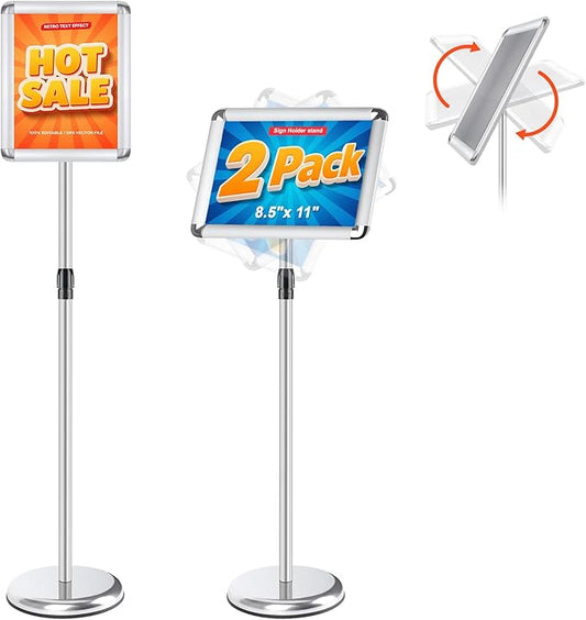 RedChili 2 Pack Sign Holder Stand 8.5x11 Inch, Adjustable Floor Standing Sign Holder Signage Stand with Aluminum Snap-Open Frame Vertical Horizontal View Display For Malls Schools Restaurants (Silver, Round Corner)