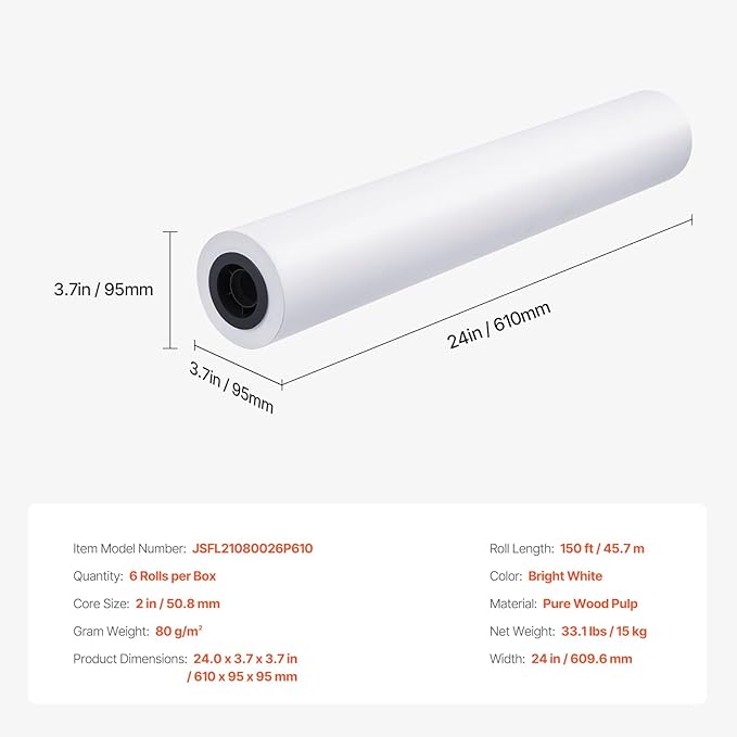 VEVOR 24 in x 150 ft Plotter Paper, 6 Rolls, 20 LB Bond, Architectural D/E, 2496 Sheets, White, Uncoated, Biodegradable, 94% Opacity, Ideal for CAD, Engineering, GIS Maps & Architectural Designs