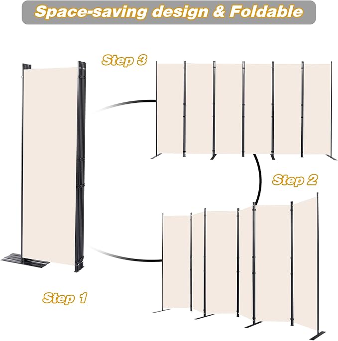 CHOSENM Room Divider, 6 Panel Folding Privacy Screens with Wider Support Feet, 6 Ft Portable Room Partition for Room Separator, 132" W X 71" H, Beige