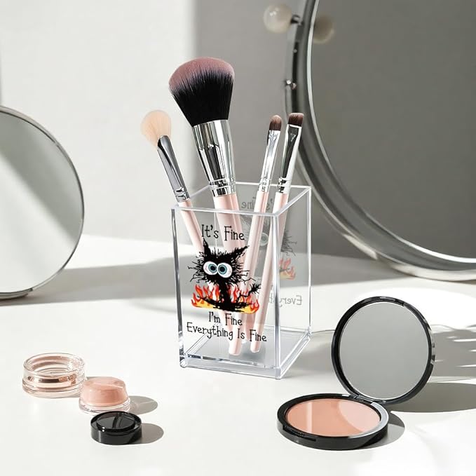 Vgrti It's Fine I'm Fine Acrylic Cosmetic Pencil Pen Holder Cup, Funny Black Cat Pen Holder Cup, Cat Lover Gift for Women Men, Office Sarcastic Gifts for Women Men Colleague Boss