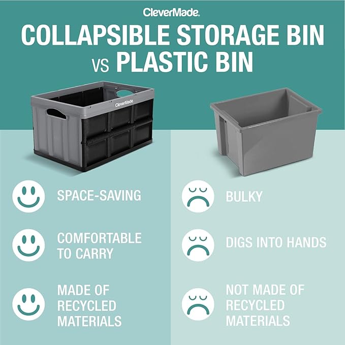 CleverMade Collapsible Storage Bins - Stone 3 Pack 46L - Stackable Containers Heavy Duty Capacity Folding Crates - Space-Saving for Home