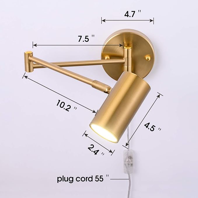 Ahaloye Gold Plug in Wall Sconces Set of 2, Modern Swing Arms Wall Lamp with Plug-in Cord Adjustable Wall Light for Bedroom Living Room (Light Source Included)