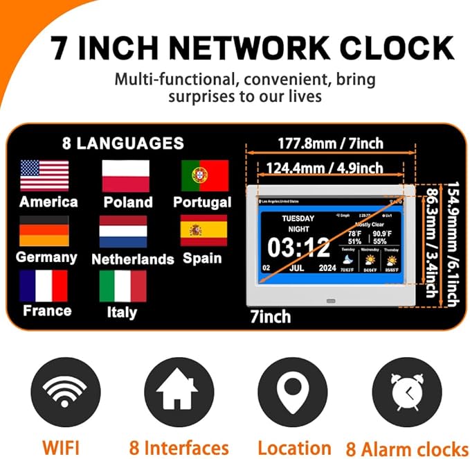 TIMEMOON WiFi Digtial Calendar Clock with Day and Date Alarm Clock with Weather Temperature Humidify Alzheimers Clock for Elderly Auto Dimmable 8 Alarm Options (7 inch White)
