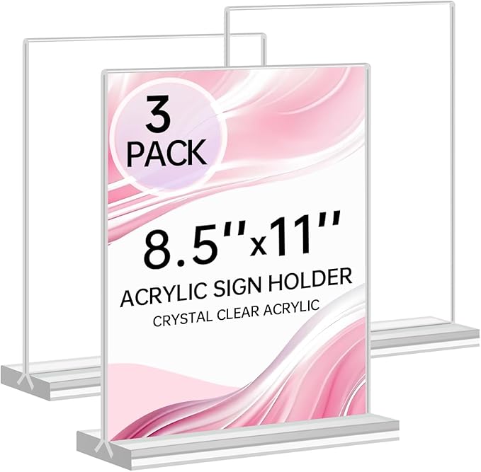 Yeahjiae 3 Pack T-Shaped Acrylic Sign Holder 8.5 x 11, Double Sided Clear Stand for Letter Size Paper, Essential Office Supplies for Menu, Tabletop, Counter & Wall Display, Garage Sale & Picture Frame for Office, Restaurant, Store, Home