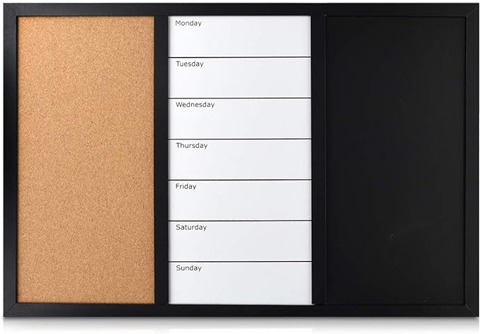 Navaris Combination Board Cork/Whiteboard/Chalkboard - 16 x 24 inches Combo Bulletin Magnetic Dry Erase Chalk Board Weekly Planner Message Organizer