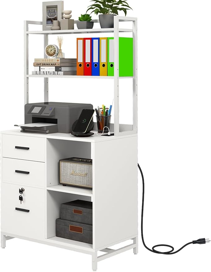 Livofloral Vertical File Cabinet with Charging Station, Filing Cabinets for Home Office, Large Printer Stand with Open Storage Shelves, 3 Drawer Filing Cabinet with Lock fits Letter/A4 Size, White