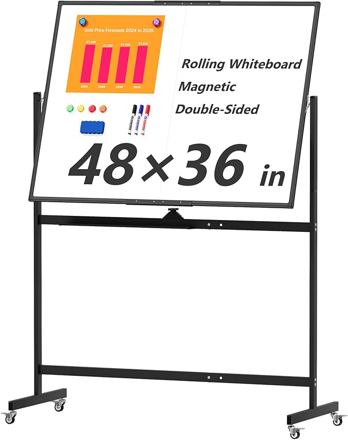 Neatsure Large Rolling Whiteboard on Wheels, 48" x 36" Double-Sided Mobile White Board with Stand, 4' x 3' Portable Standing Magnetic Dry Erase Board Easel for Home Office Classroom School, Black