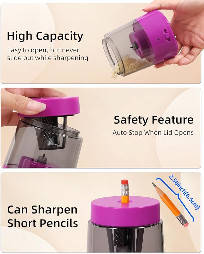 ZMOL Electric Rechargeable Pencil Sharpener, Automatic Pencil Sharpeners Kids, Battery Pencil Sharpeners for Colored Pencils, Auto Stop, Suitable for No.2(6-8mm), School/Home Pink
