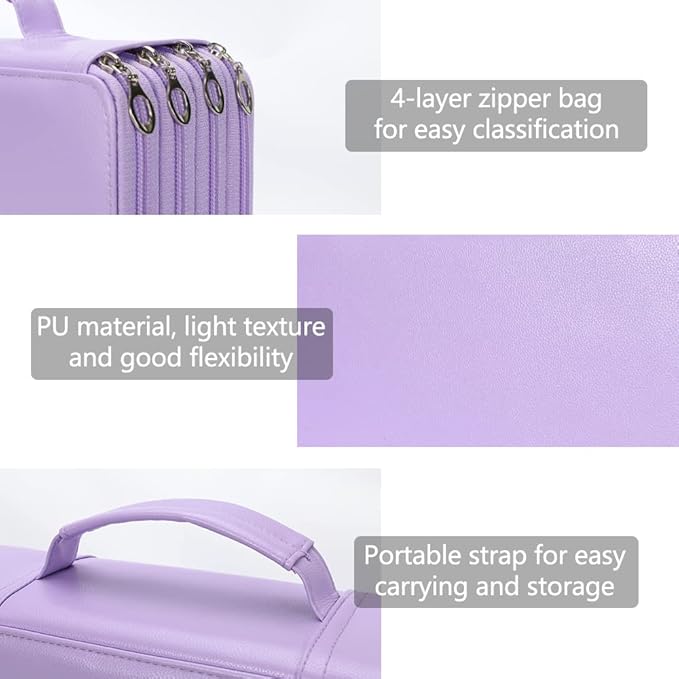 Vomgomfom Deluxe PU Leather Pencil Case - Large Capacity Holder with Zipper Closure for 300 Colored Pencils or 200 Gel Pens, Artist Organizer (Purple)