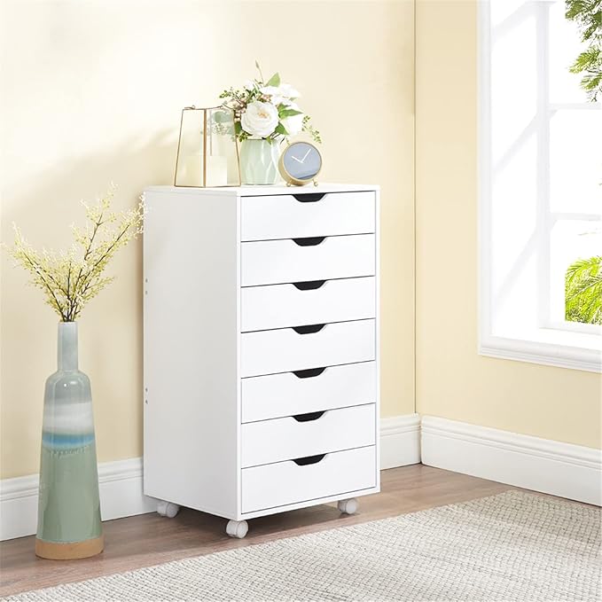 Naomi Home Debbie 7-Drawer Craft & Office Storage Cabinet, White – Rolling File Cabinet with Wheels, Chic Design for Supplies & Folders, 15.7" D x 18.9" W x 34.2" H