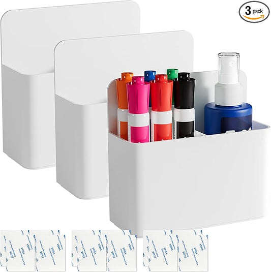First-zgel 3 Pack Magnetic Pen Holder, Wall Mount Magnetic Dry Erase Marker Holder with Large Compartments, Self Adhesive Marker Pen Pencil Organizer for Whiteboard Fridge Locker Accessories (White)