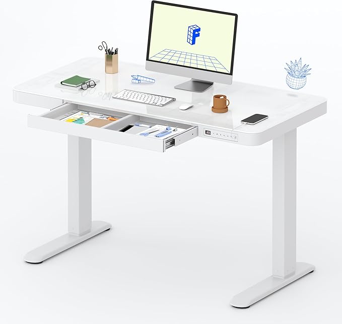 FLEXISPOT Comhar Electric Pure Glass Standing Desk with Drawer Desktop & USB Charge Ports, 48" Ergonomic Height Adjustable Sit to Stand Desk for Home Office (White, Glass)