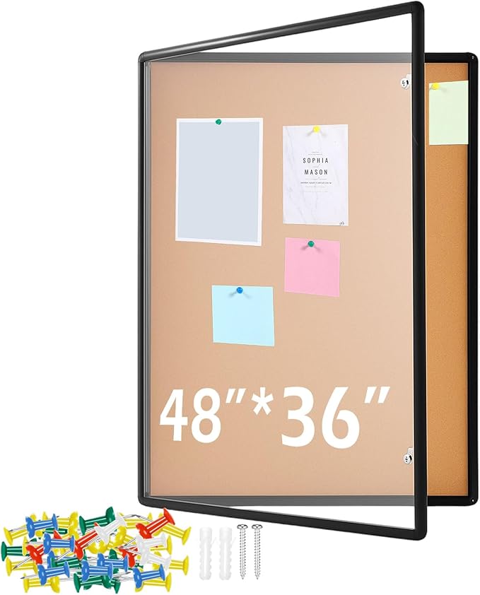 Cholemy Enclosed Bulletin Lockable Cork Case Notice Board 48 x 36 Inch Weatherproof Bulletin Board with Aluminum Frame Mounting Screws Outdoor for School Office Wall Display Pictures(Black)
