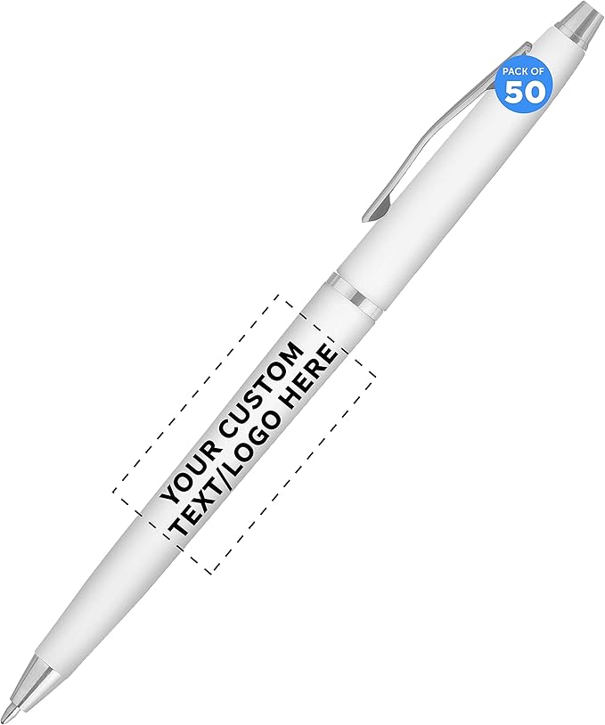 DISCOUNT PROMOS Custom Langham Ballpoint Ink Pen - Set of 50 Writing Pens for Work - Cool Pens for Writing, Black Ink, White