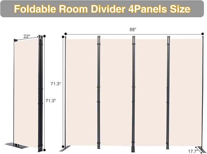 CHOSENM Room Divider, 4 Panel Folding Privacy Screens with Wider Support Feet, 6 Ft Portable Room Partition for Room Separator, 88" W X 71" H, Beige