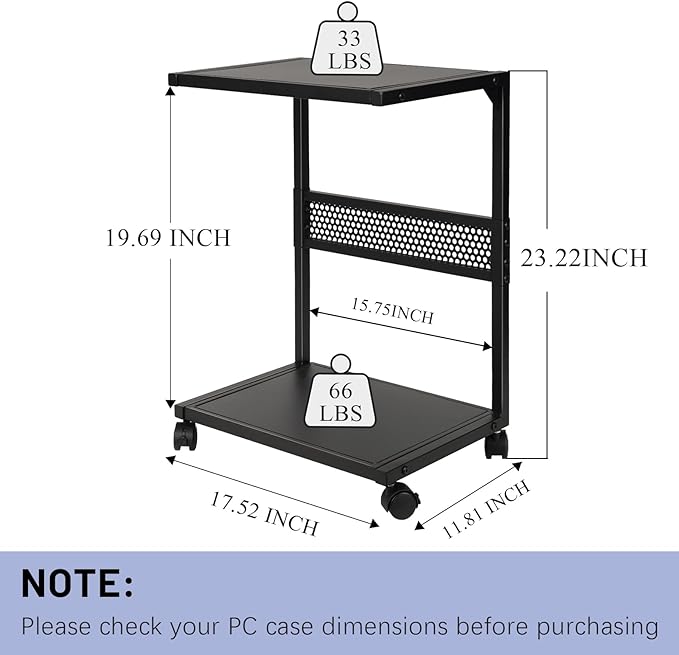 Bfttlity PC Stand Computer Tower Stand 2-Tier Metal CPU Holder with Locking Caster Wheels Suitable for Most PC (S,Black)