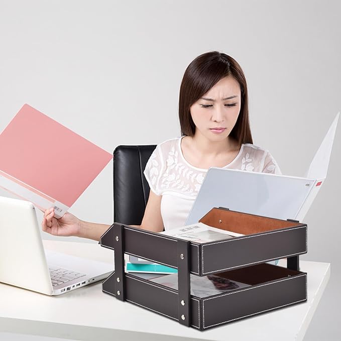 XNONE Leather Desk Organizer,2-Tier Stackable Letter Tray Holder,Office Supplies Desktop Storage Box for Document,Stationery,Magazines,Newspapers,Letters and Other Home Office Paper Sundries,Coffee