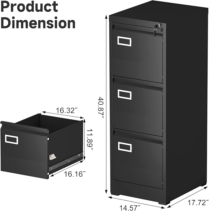 Lockable Vertical Metal File Cabinet 3 Drawer, Steel Filing Cabinet for Home Office Organization, High Capacity Storage for Letter/Legal/A4 Size, Black Office Cabinet, 17.7" D x 14.6" W x 40.9" H