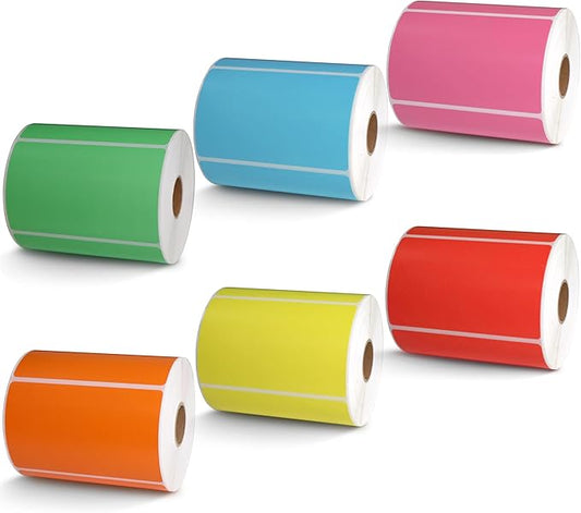 BETCKEY - 4" x 2.5" Shipping & Multipurpose Labels Replacement for Zebra & Label Printer,Premium Adhesive & Perforated[Mixed: Light Blue + Red + Green + Pink + Orange + Yellow, 6 Rolls, 3720 Labels]