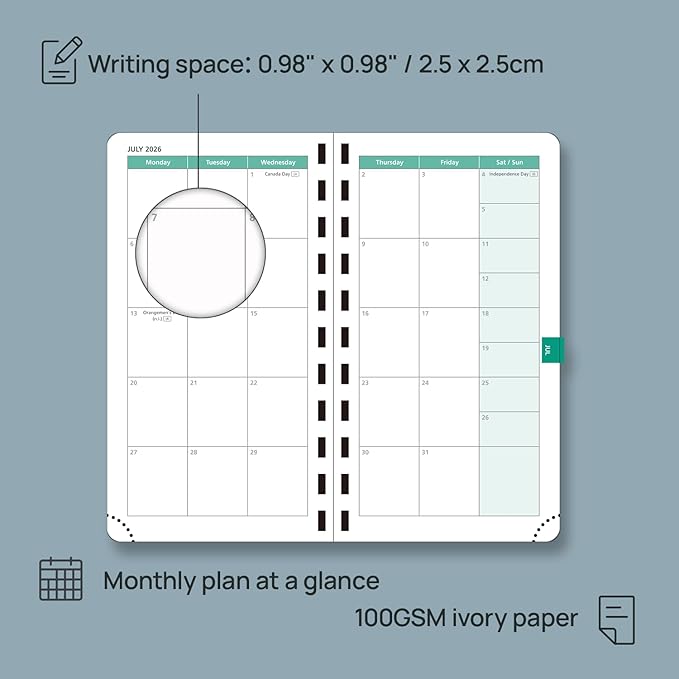 POPRUN 2026 Pocket Planner (Slim Size 3.5" x 6.5") Weekly and Monthly Calendar for Purse, with Hourly Time Slots, 100GSM Thick Paper, Spiral Soft Cover, Pen Holder - Pacific Green