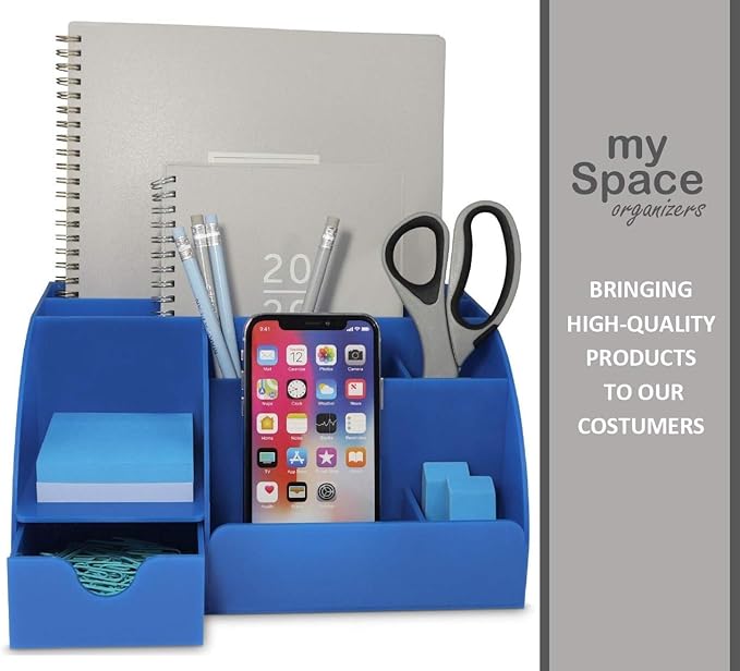 My Space Organizers Blue Desk Organizer, 9 Compartments, Office Supplies and Desk Accessories Organizer, Pen Holder Decor Desktop (Blue)