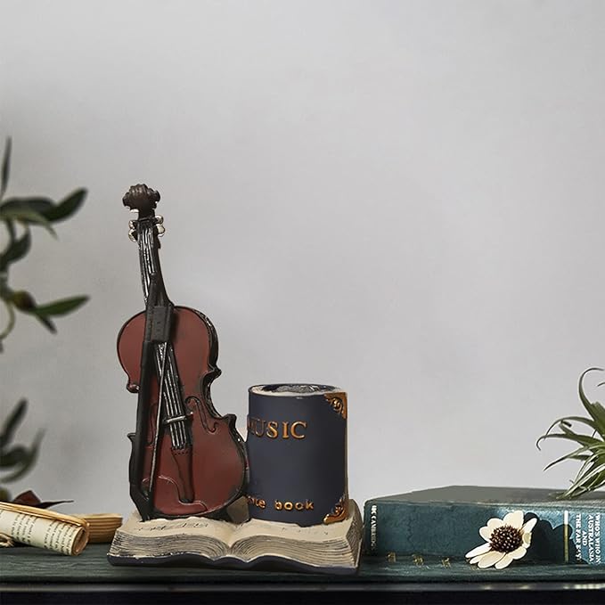 Jaugufiy Resin Violin Sculpture Pen Holder Pencil Holder Pen Organizer Cosmetic Brush Holder Decorative Pen Box Pen Pot Makeup Brush Pot (Blue)