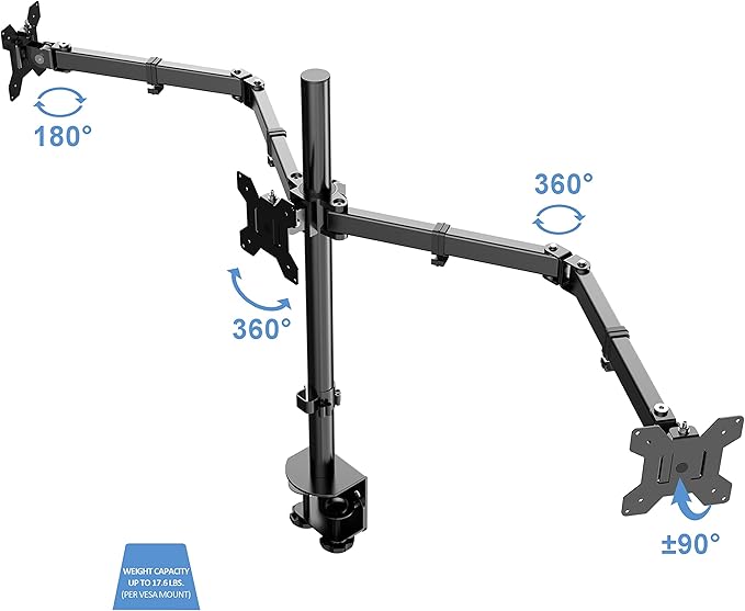 Rocelco 46" Standing Desk Converter with AC USB Charger and Triple Monitor Mount Arm - Height Adjustable Sit Stand Up Three Screen Riser Workstation - Keyboard Tray - Black (R DADRB-46-ACUSB-DM3)