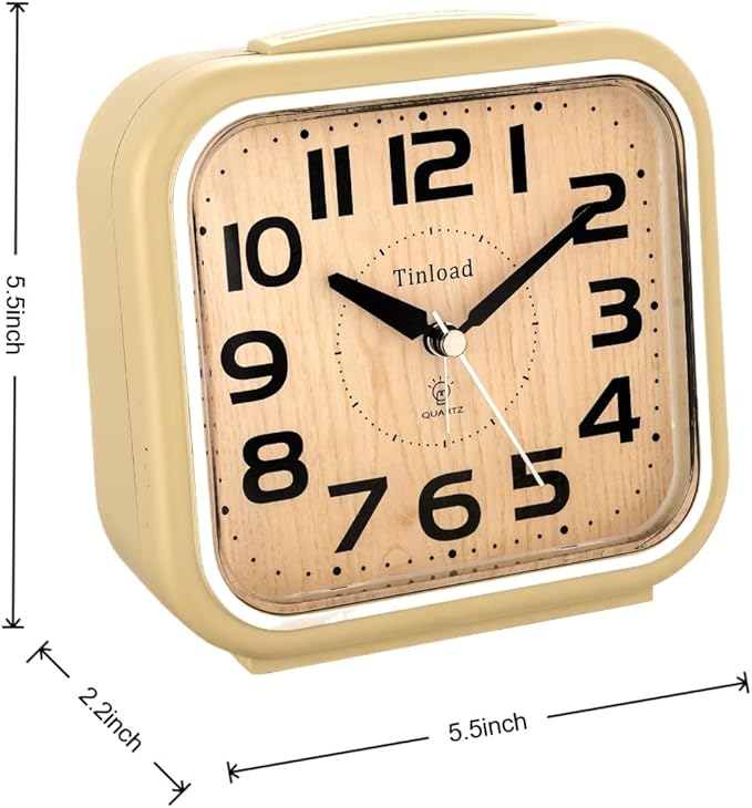 Tinload 5.5" Large Analog Alarm Clock Silent Non Ticking, Gentle Wake, Beep Sounds, Increasing Volume, Battery Operated Snooze and Manual Light, Easy Set, Cream
