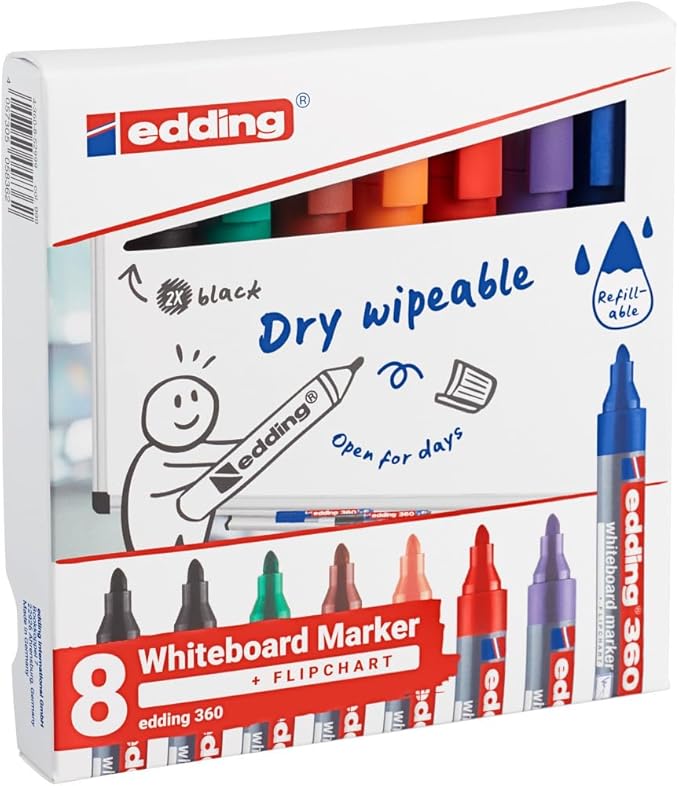 edding 360 whiteboardmarker set - diverse kleuren - 8 whiteboardstiften - ronde punt 1,5 - 3 mm - boardmarker uitwisbaar - voor whiteboard, flipchart, prikbord, memobord - sketchnotes - navulbaar
