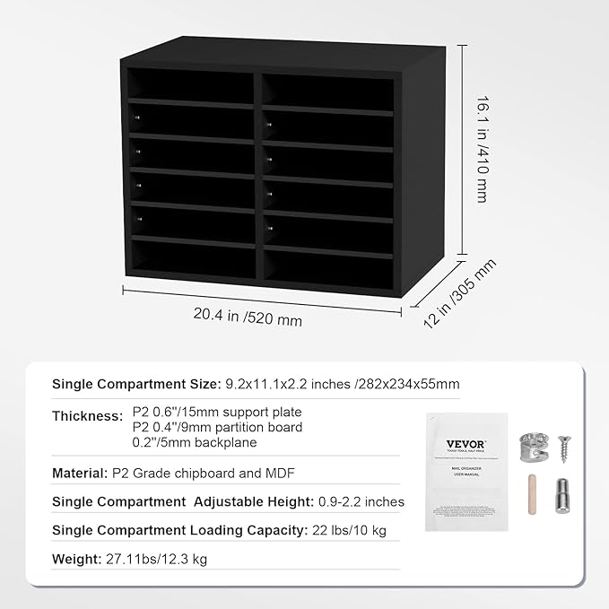 VEVOR Literature Organizers, 12 Compartments Office Mailbox with Adjustable Shelves，Wood Literature sorter 20.4x12x16.1 inches for Office, Home, Classroom, Mailrooms Organization, EPA Certified Black