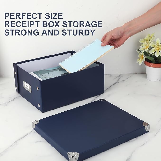 DLUGOPIS Checks Storage Box with Lid Document Boxes Banker Boxes Document Bin Foldable Cardboard Record Boxes For Business Pesonal Orangize Files 12"x10"x5"(Navy Blue, 1 pcs)