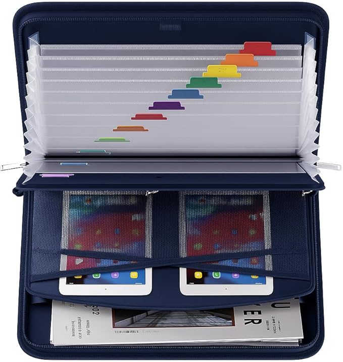 Fireproof & Waterproof Accordion File Organizer – Fireproof File Folder with Handle, 13-Pocket Expanding Paperwork Organizer for A4/Letter Documents, Travel File Storage (Blue)
