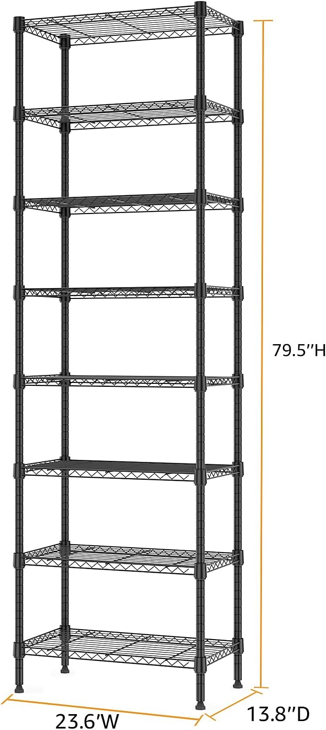 M MZG 8 Tier 2000 lbs Storage Rack Metal Wire Shelving Unit, Storage Standing Shelf Organizer for Laundry Bathroom Kitchen Pantry Closet Garage Basement Utility Room, Black 13.8" D x 23.6" W x 79.5" H