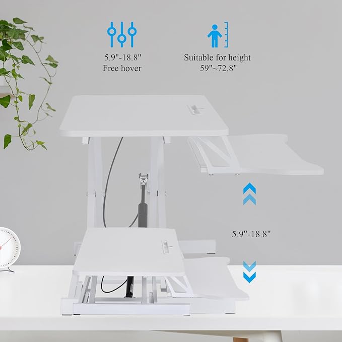 37 Inch Standing Desk Converter - Manual Pneumatic Spring, Two Monitor Stable Standing Desk Converter, 5.9" to 18.8" Height Adjustable Laptop Workstation with Keyboard Tray for Home, Company(White)