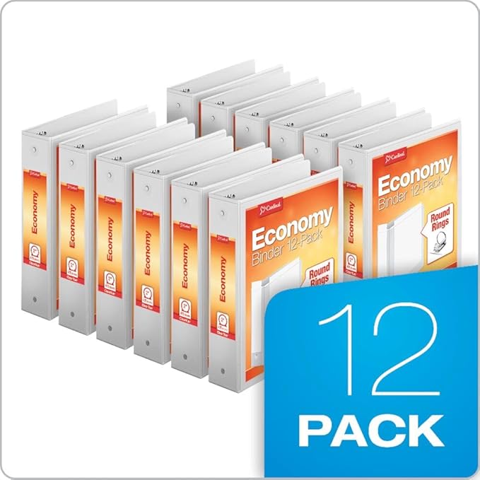 Cardinal Economy 3-Ring Binders, 2", Round Rings, Holds 475 Sheets, ClearVue Presentation View, Non-Stick, White, Carton of 12 (90641)