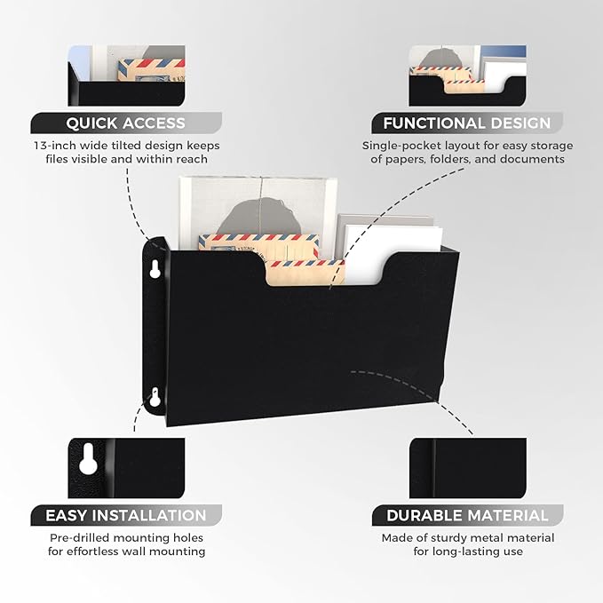 OSKIE DR POCKET RACK Wall-Mounted File Rack, Single Pocket, Metal Organizer for Letter-Sized Documents, Space-Saving Desktop Organizer, 14 x 2.5 x 7.5 inches (Black)