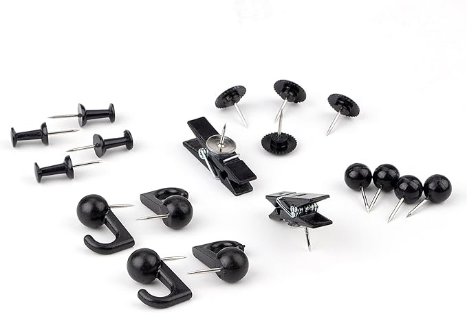 Black Push Pins Set, 5 Styles 140-count Thumb Tacks Map Pins, Steel Point and Dark Plastic Head Pushpins Black Thumbtacks for Cork Board Bulletin Boards (Black-140pcs)