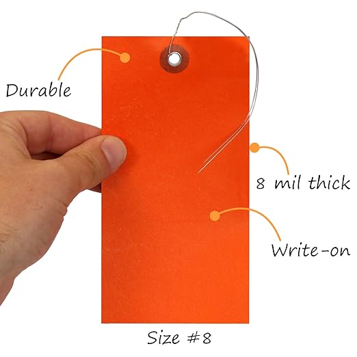 SmartSign Blank Tyvek Shipping Tags with Wire, Size #8 | 6 1/4" x 3 1/8", Pack of 100, Orange, Made in USA