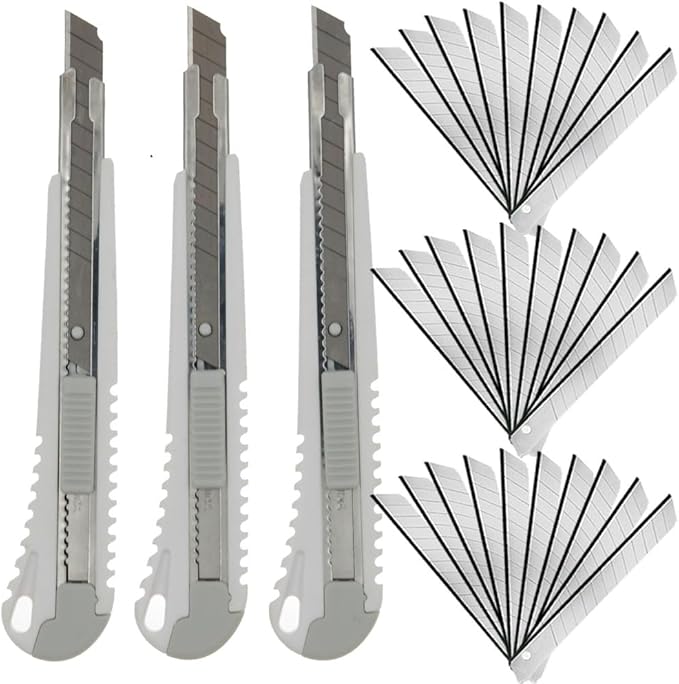WEKOIL 9mm Snap Off Utility Knife 3 Pack High Hardness Retractable Box Cutters with 30 Pcs Snap Off Blades,Package Cutter 9mm Knife for Home Office Workstation,White