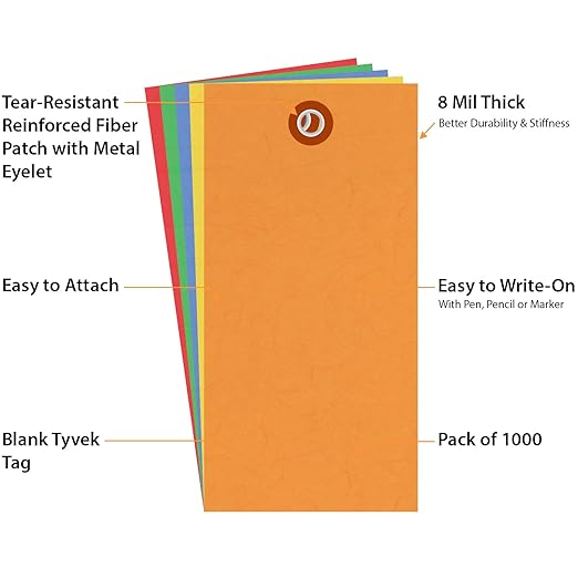 SmartSign (Pack of 1000) 4.75 x 2.375 inch Multi Colored Blank Tyvek Shipping Tags with Metal Eyelets, Size #5, 8 mil Thick Tyvek
