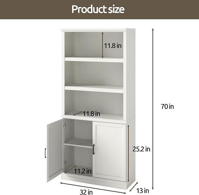 Bevfint 70 Inch Tall Bookcase with Doors, Library Office Bookshelf with Adjustable Shelves, Floor Standing Storage Cabinet for Bedroom Living Room Organizer with Anti Tipping Kit, Soft White Finish